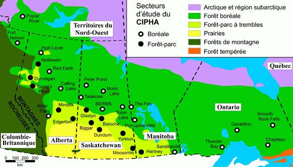 Carte indiquant l'emplacement des 30 secteurs d'étude du CIPHA dans la forêt boréale ainsi que dans la forêt-parc à trembles située dans le centre-ouest du Canada