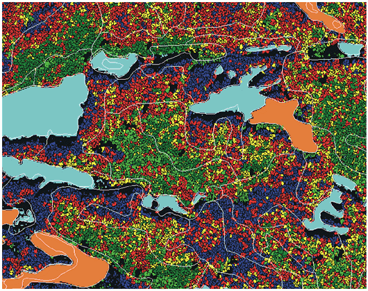 Les arbres de la section d'image IKONOS en figure 1 tels que délinéés et classifiés par le progiciel ITC. Les classes sont les suivantes : pin blanc (en rouge), autres résineux (en bleu), bouleau jaune (en jaune), autres feuillus (en vert), et régénération (en vert pâle). Les zones marécageuses (orange) et les lacs (en bleu pâle) proviennent de la carte écoforestière, avec certains réajustements.