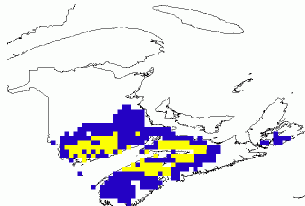Map of predicted climatic range of the European larch canker in New Brunswick and Nova Scotia