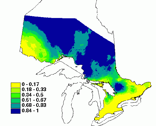 Map of the probablility of occurrence of scleroderris in Ontario